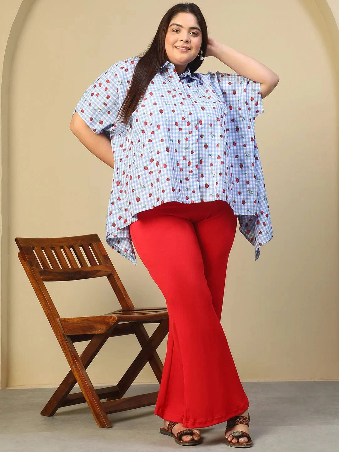 Blue Heart Print Button Down Short Sleeve High Low Cotton Blend Plus Size Women Top