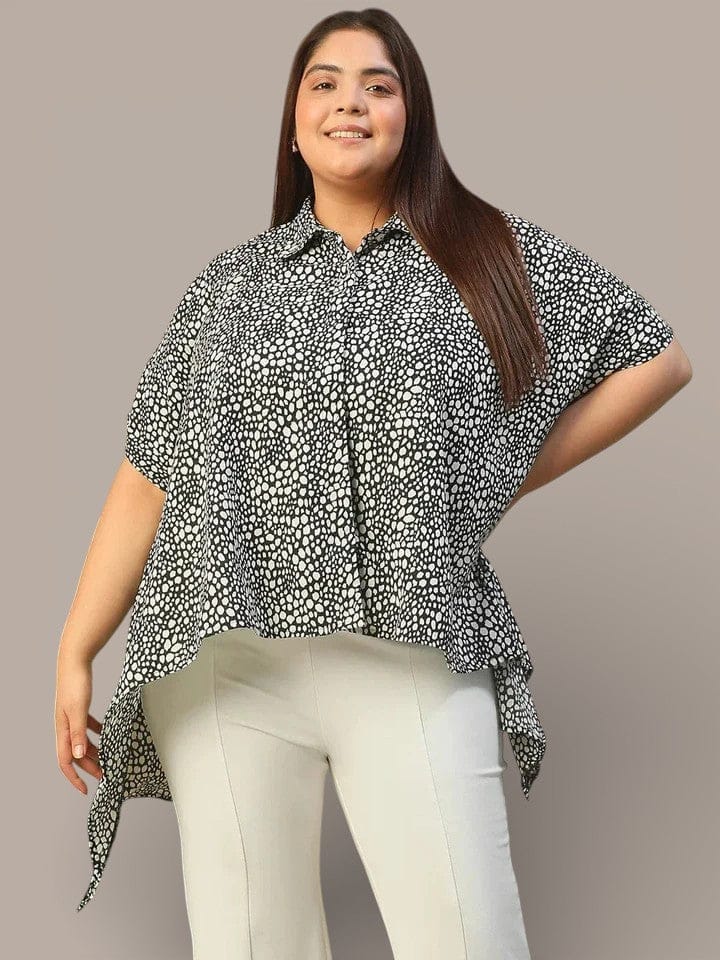 Black Animal Swiss Moss Print Button Down Short Sleeve High Low Plus Size Women Top