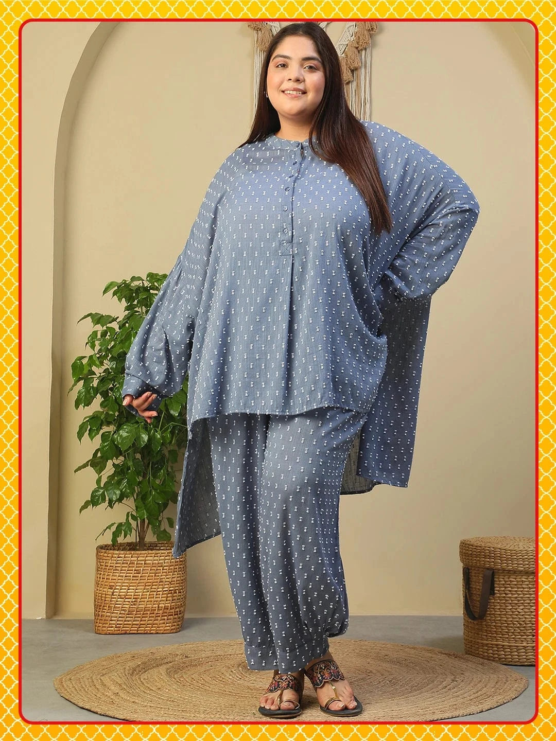 Blue Stripe Print High Low Hem Tunic & Trouser Dobby Textured Plus Size Women Co-Ord Set