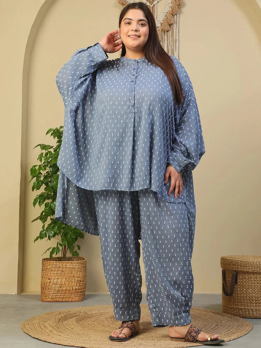 Blue Stripe Print High Low Hem Tunic & Trouser Dobby Textured Plus Size Women Co-Ord Set - oxolloxo