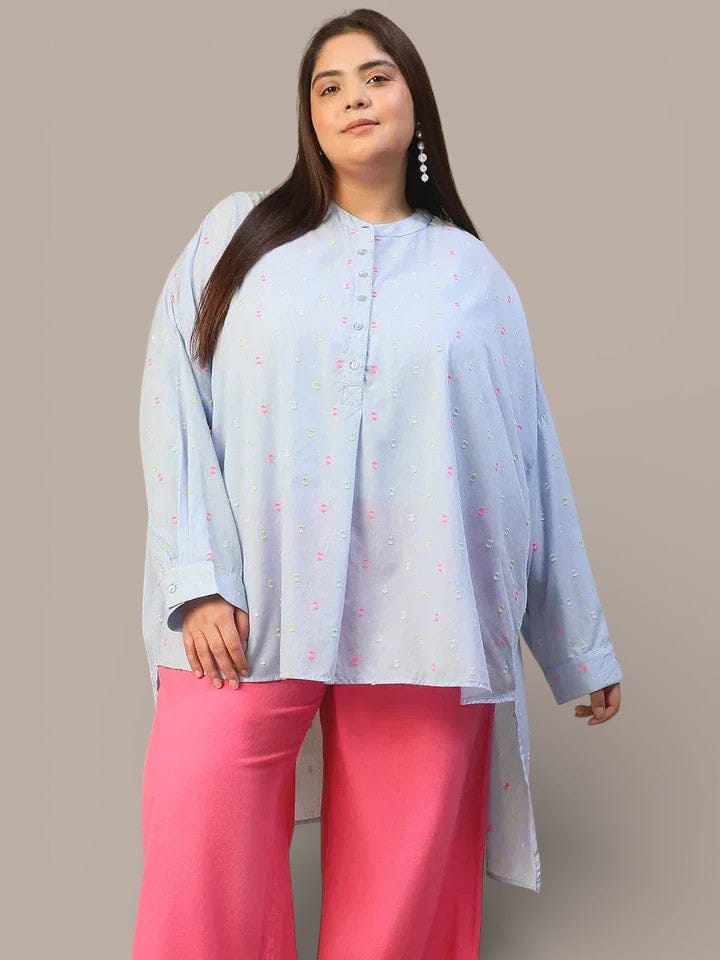 Light Blue Round Neck With Button Placket Long Sleeve High Low Yarn Dyed Dobby Plus Size Women Cotton Tunic