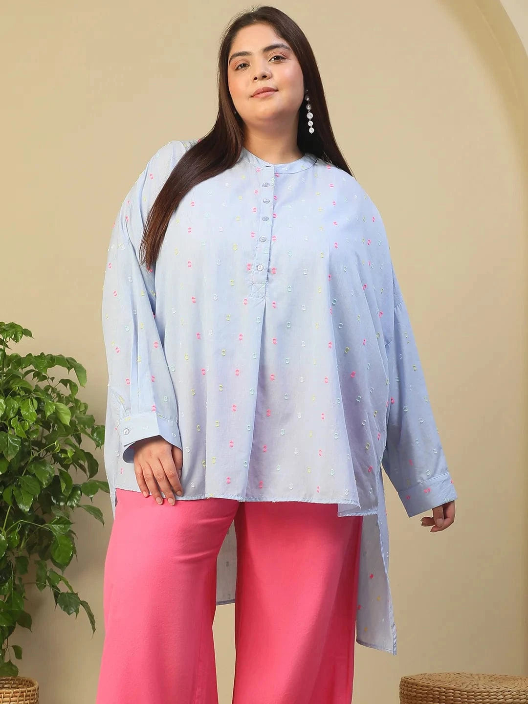 Light Blue Round Neck With Button Placket Long Sleeve High Low Yarn Dyed Dobby Plus Size Women Cotton Tunic