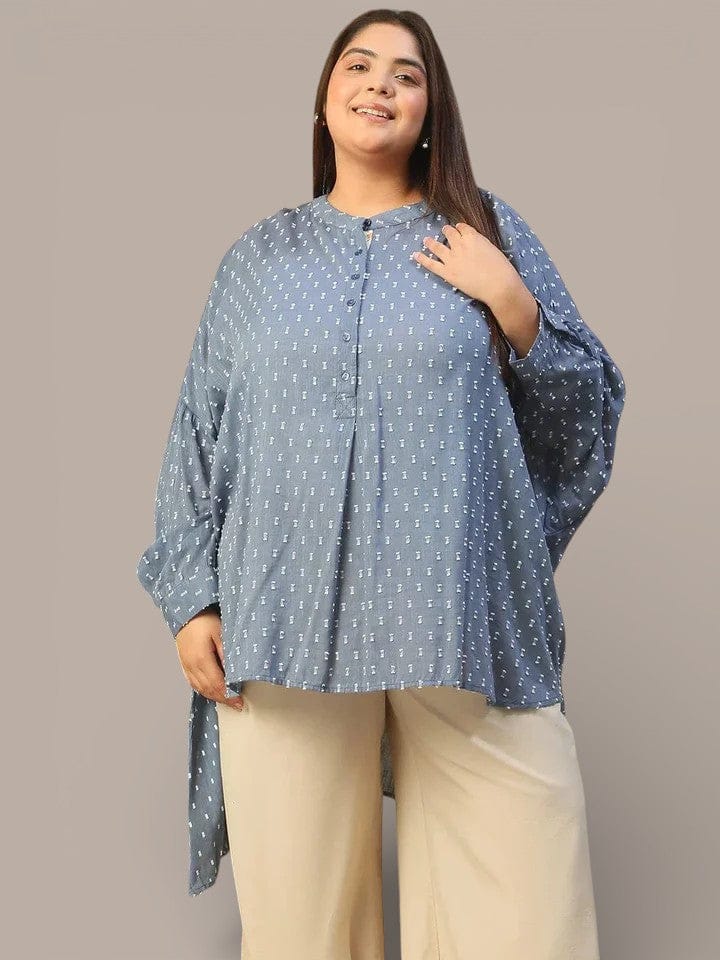 Blue Round Neck With Button Placket Long Sleeve High Hem Yarn Dyed Dobby Plus Size Women Cotton Tunic