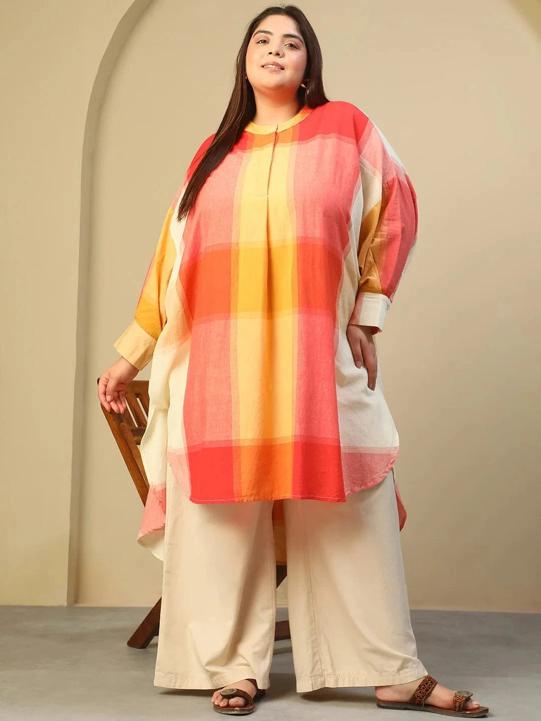 Orange Check Round Neck With Button Placket Long Sleeve High Low Yarn Dyed Check Print Plus Size Women Cotton Tunic