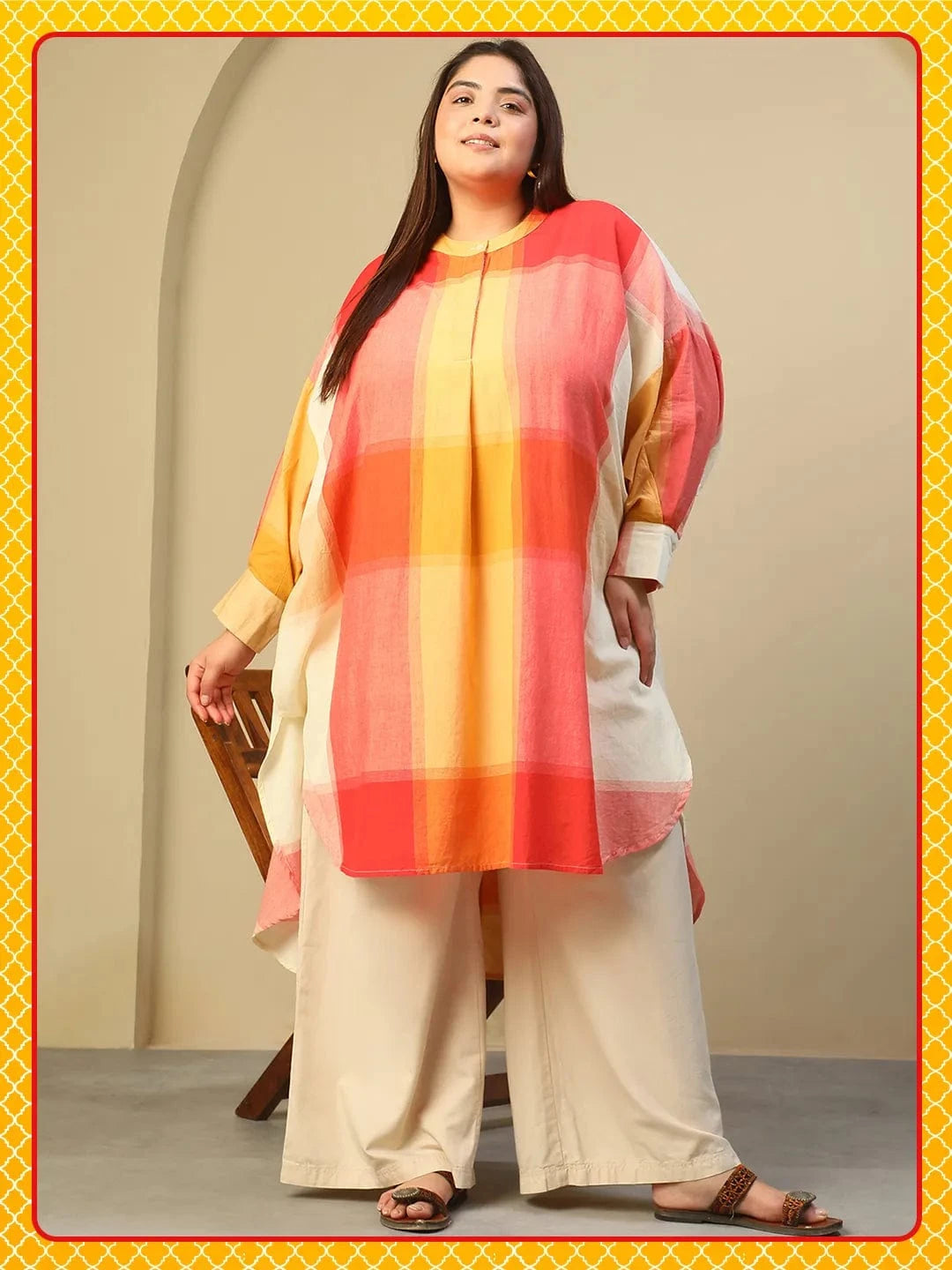 Orange Check Round Neck With Button Placket Long Sleeve High Low Yarn Dyed Check Print Plus Size Women Cotton Tunic