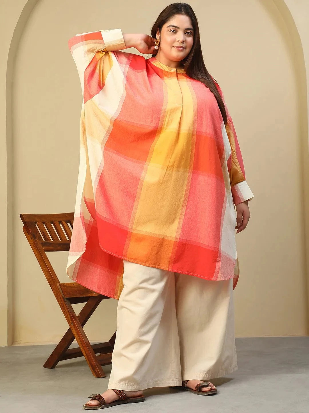 Orange Check Round Neck With Button Placket Long Sleeve High Low Yarn Dyed Check Print Plus Size Women Cotton Tunic
