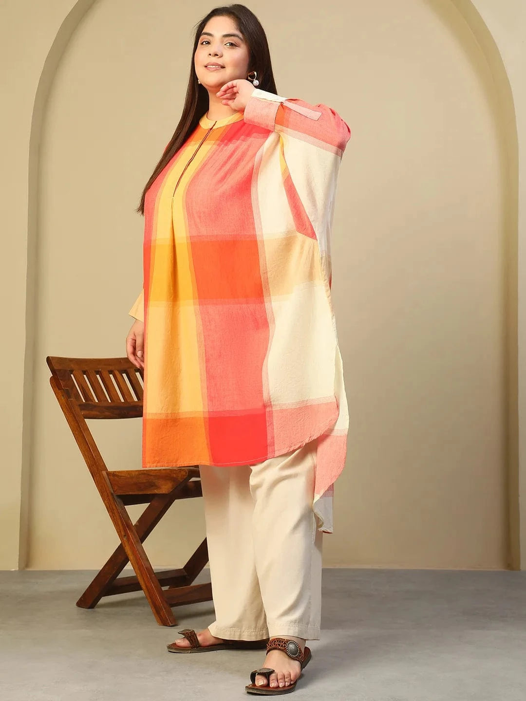 Orange Check Round Neck With Button Placket Long Sleeve High Low Yarn Dyed Check Print Plus Size Women Cotton Tunic