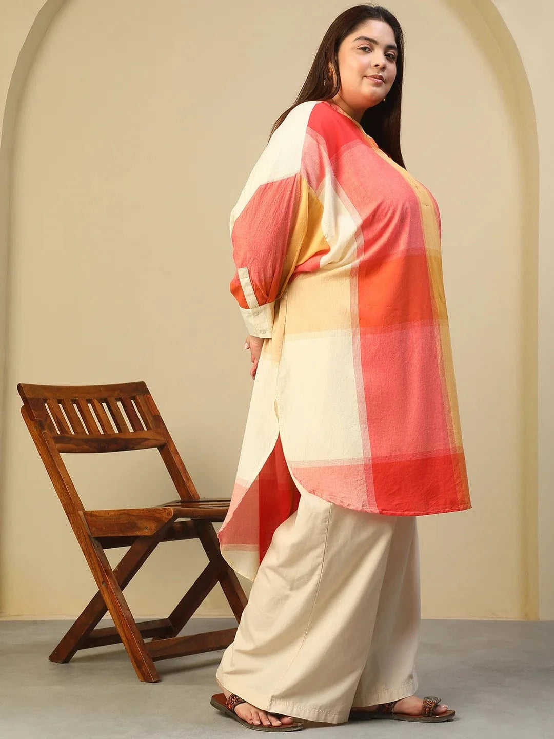 Orange Check Round Neck With Button Placket Long Sleeve High Low Yarn Dyed Check Print Plus Size Women Cotton Tunic