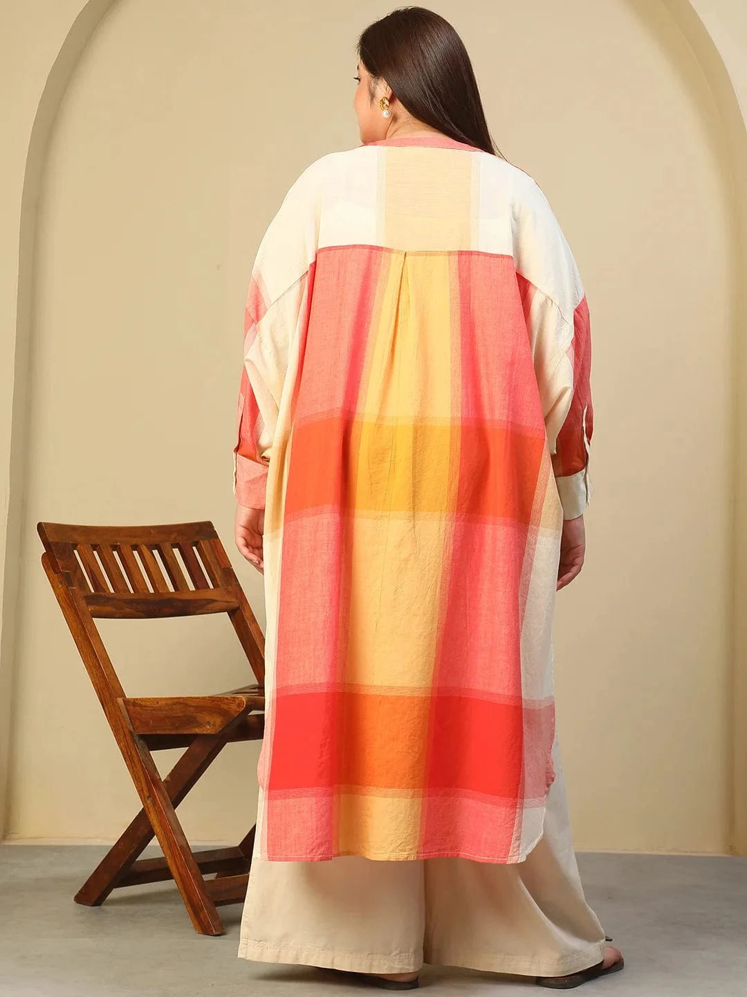 Orange Check Round Neck With Button Placket Long Sleeve High Low Yarn Dyed Check Print Plus Size Women Cotton Tunic