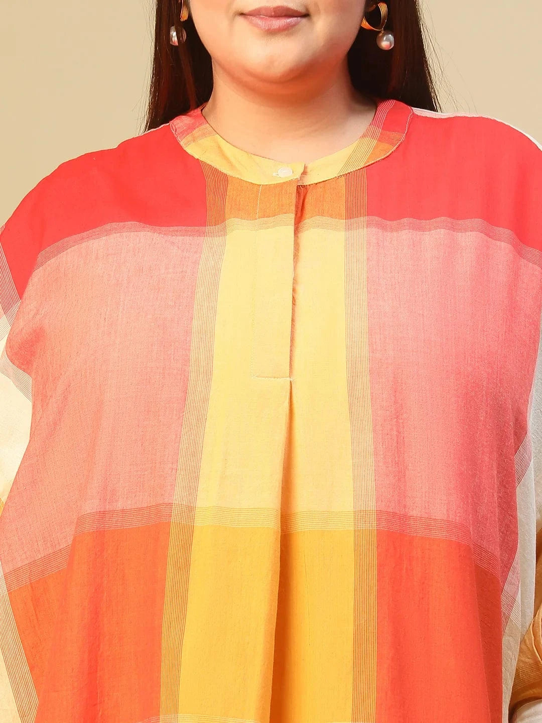 Orange Check Round Neck With Button Placket Long Sleeve High Low Yarn Dyed Check Print Plus Size Women Cotton Tunic