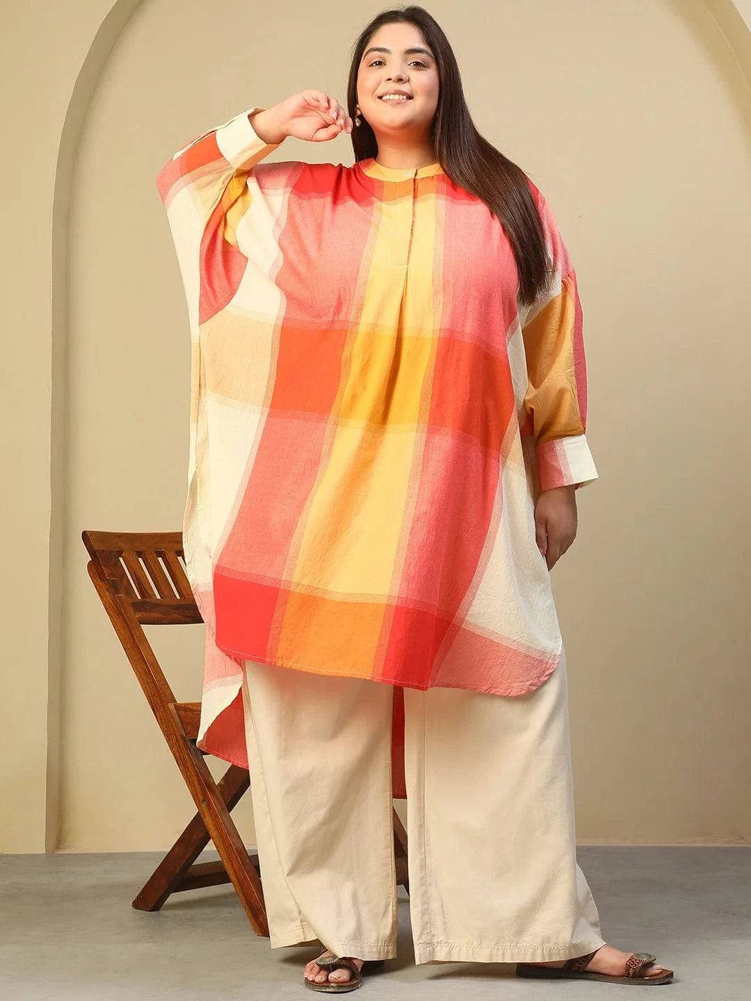 Orange Check Round Neck With Button Placket Long Sleeve High Low Yarn Dyed Check Print Plus Size Women Cotton Tunic