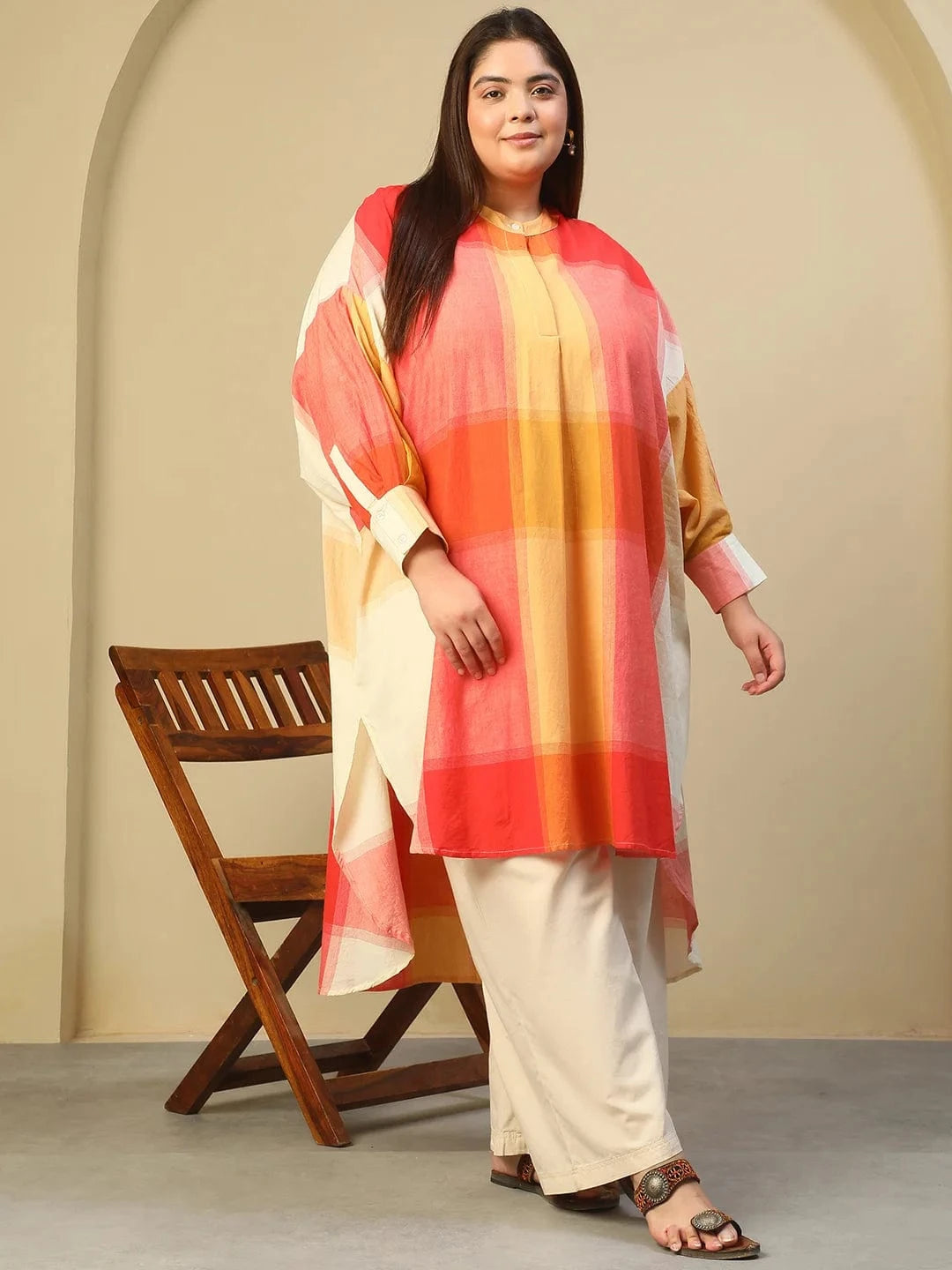 Orange Check Round Neck With Button Placket Long Sleeve High Low Yarn Dyed Check Print Plus Size Women Cotton Tunic