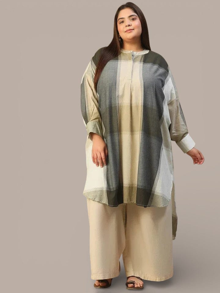 Black Check Round Neck With Button Placket Long Sleeve High Low Yarn Dyed Check Print Plus Size Women Cotton Tunic