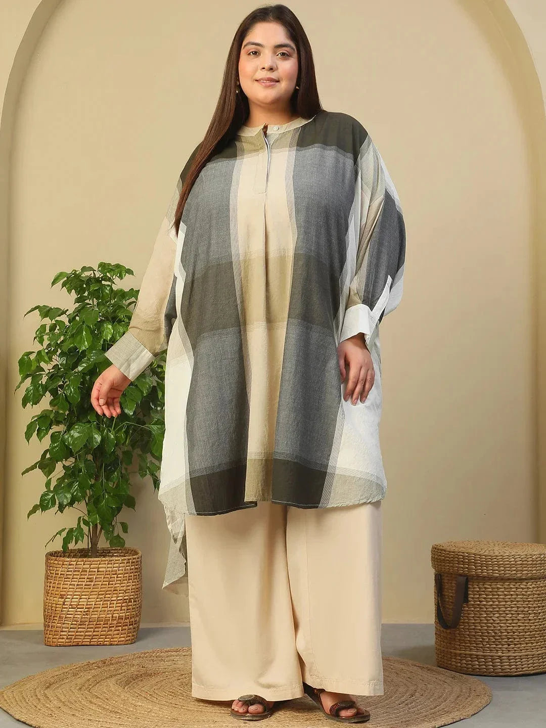 Black Check Round Neck With Button Placket Long Sleeve High Low Yarn Dyed Check Print Plus Size Women Cotton Tunic - oxolloxo