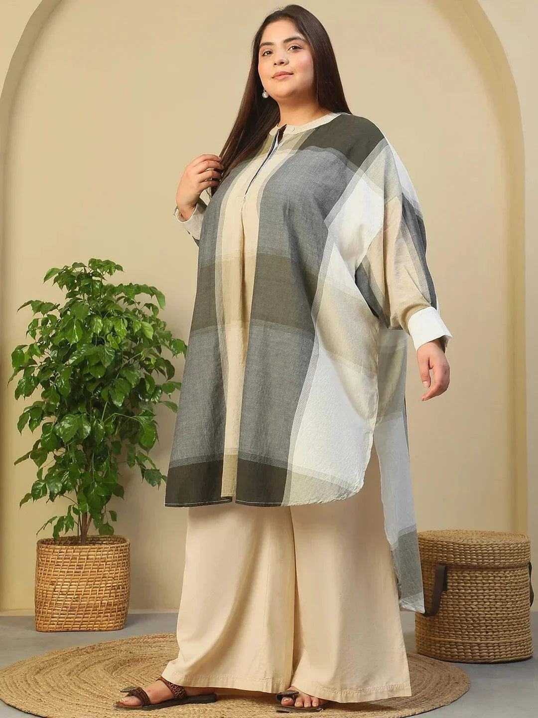Black Check Round Neck With Button Placket Long Sleeve High Low Yarn Dyed Check Print Plus Size Women Cotton Tunic - oxolloxo