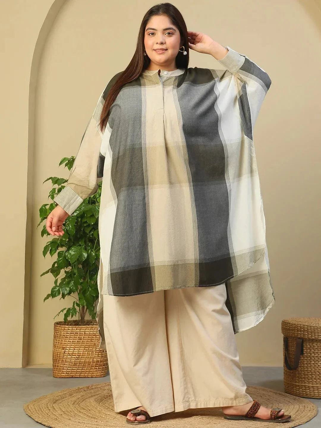 Black Check Round Neck With Button Placket Long Sleeve High Low Yarn Dyed Check Print Plus Size Women Cotton Tunic - oxolloxo