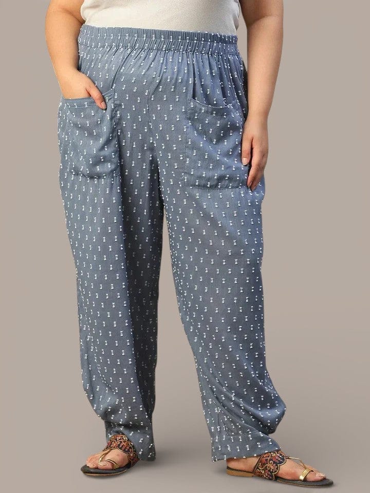 Blue Elasticated Yarn Dyed Dobby Plus Size Women Cotton Trouser With Front Pockets