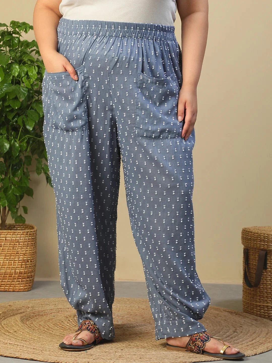 Blue Elasticated Yarn Dyed Dobby Plus Size Women Cotton Trouser With Front Pockets