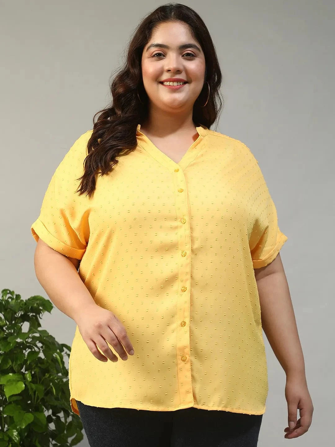 Charming Yellow Short Sleeve Button Down Boota Dobby Printed Plus Size Women Top