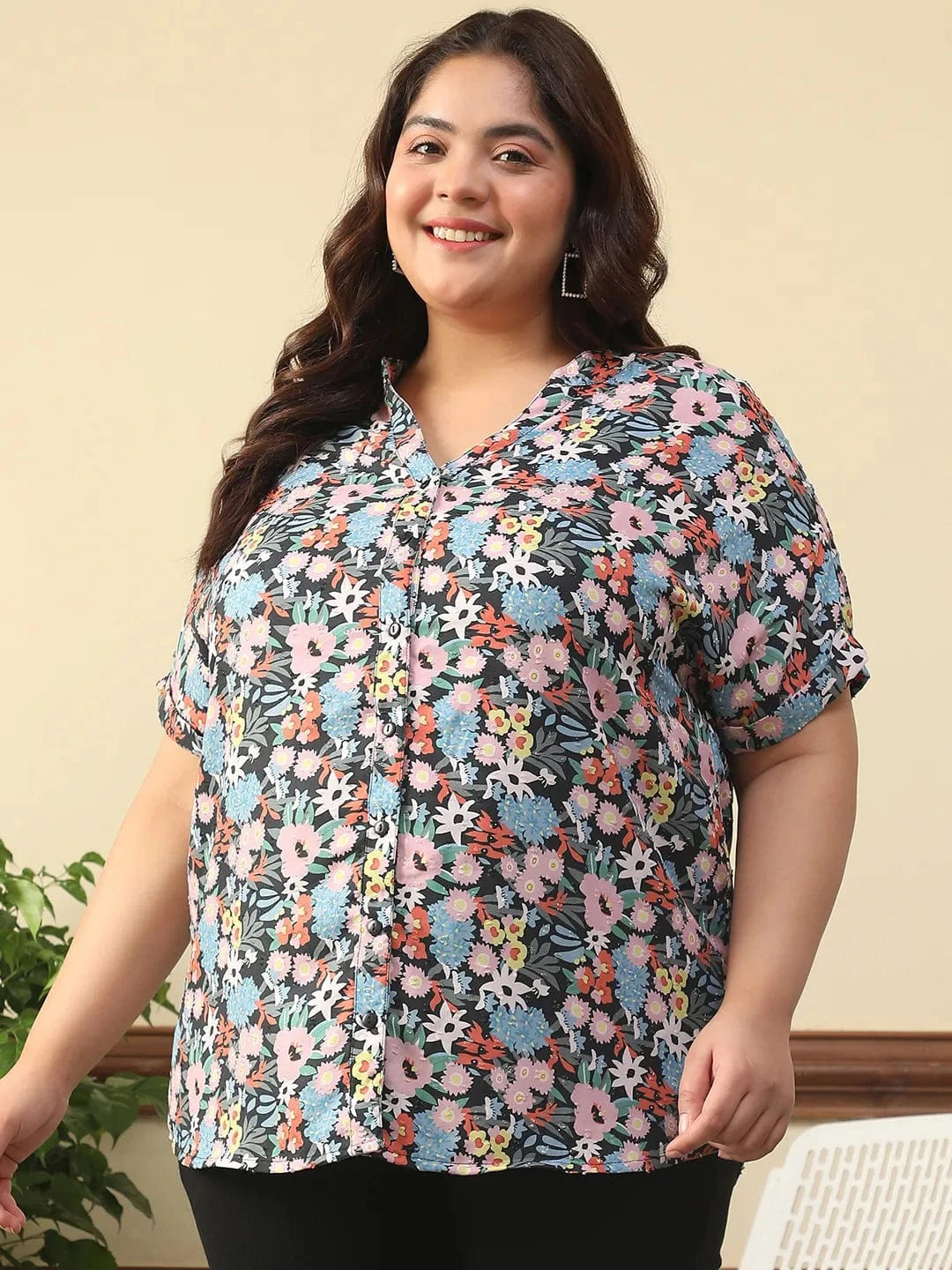 Multicolor Short Sleeve Button Down Boota Dobby Floral Printed Plus Size Women Top
