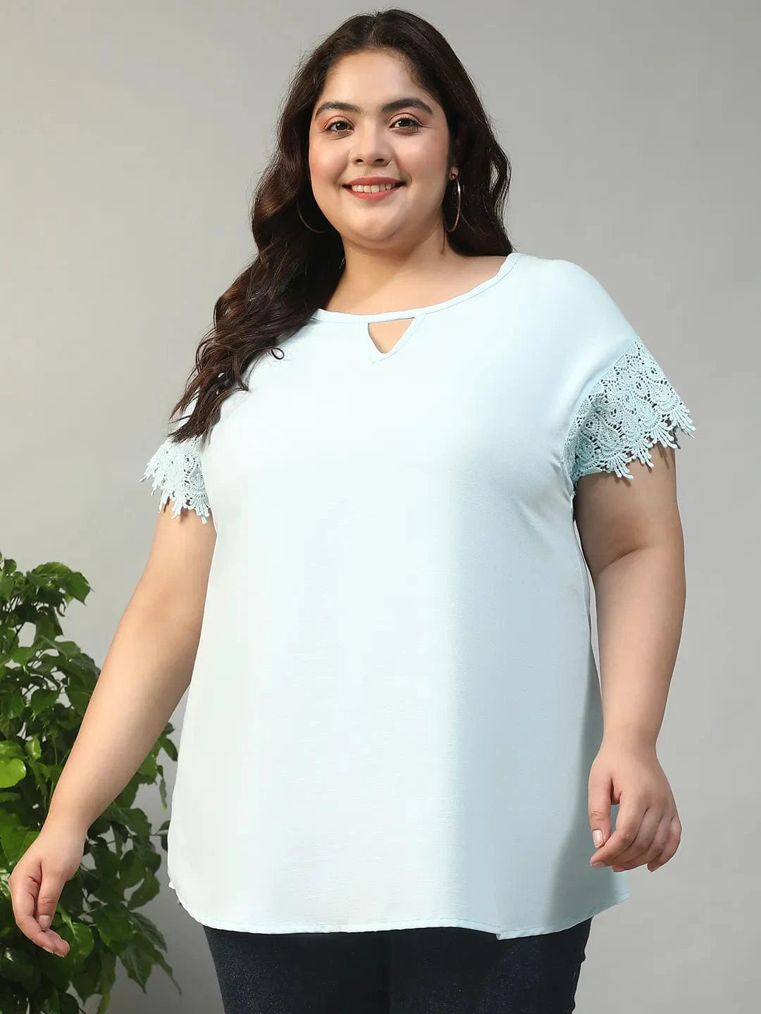 Hey Blue Key Hole Neck Short Lace Detail Sleeve Plus Size Women Top