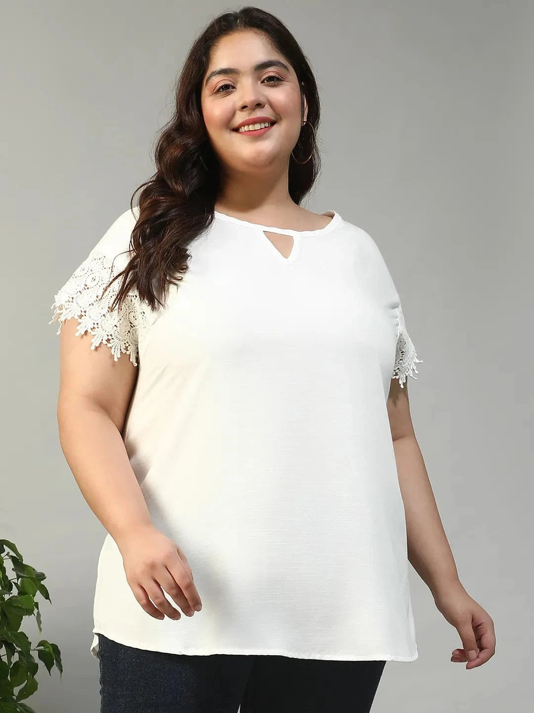 Mega White Key Hole Neck Short Lace Detail Sleeves Plus Size Women Top