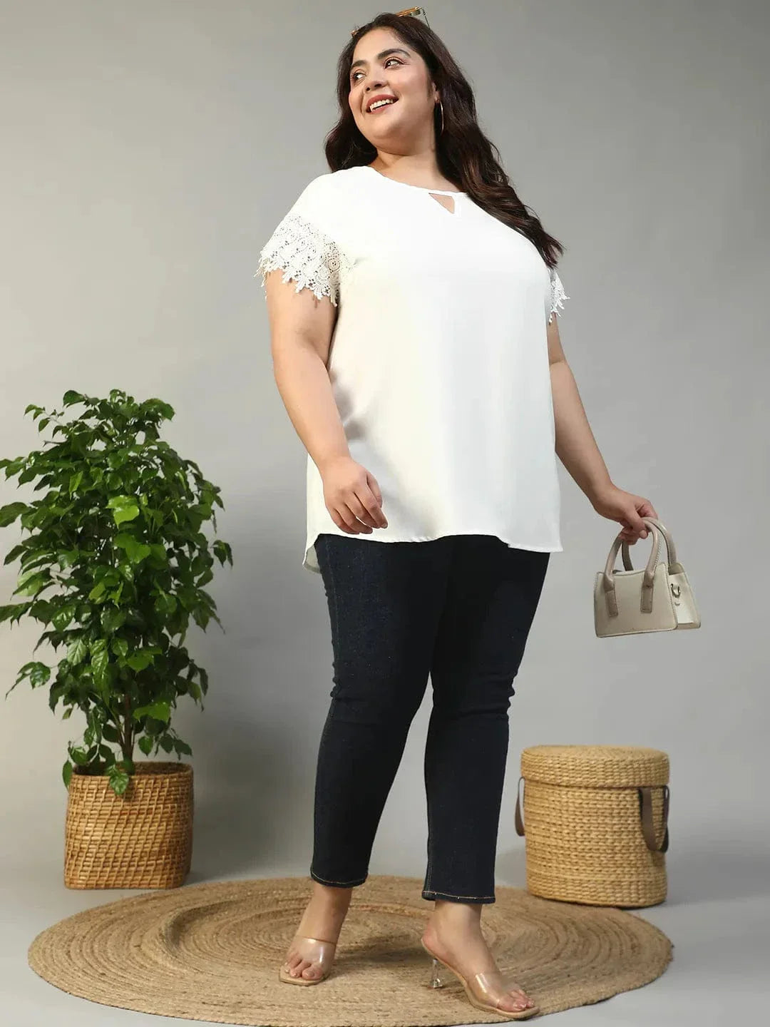 Mega White Key Hole Neck Short Lace Detail Sleeves Plus Size Women Top - oxolloxo