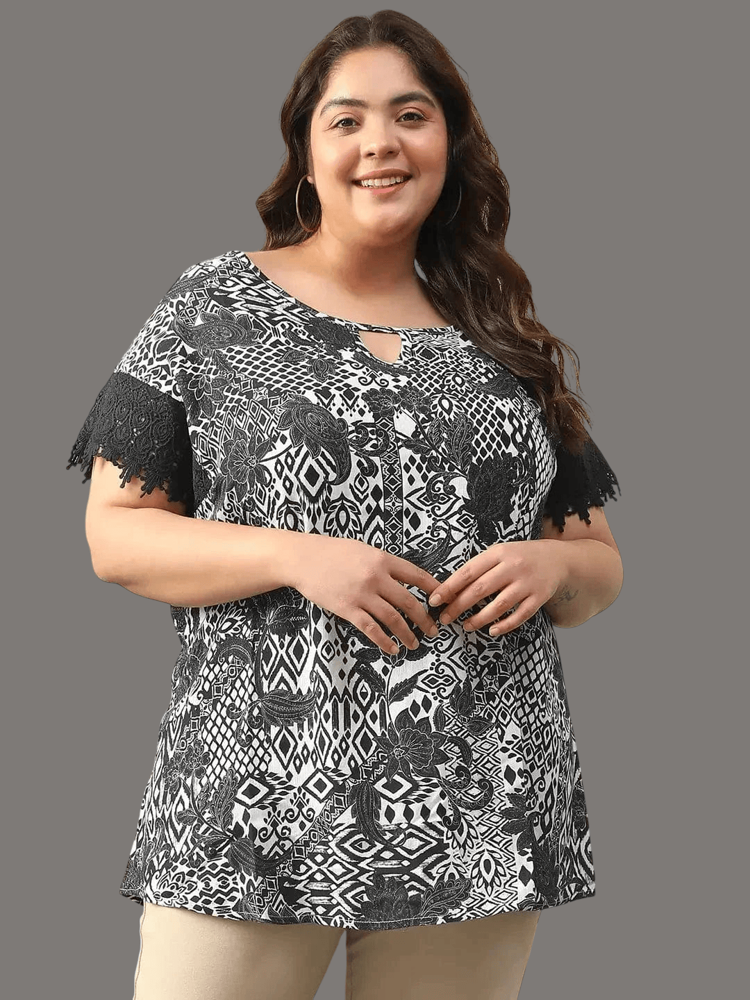 Plus Size Women Top - Black Floral Print Keyhole Neck Lace Sleeve Blouse