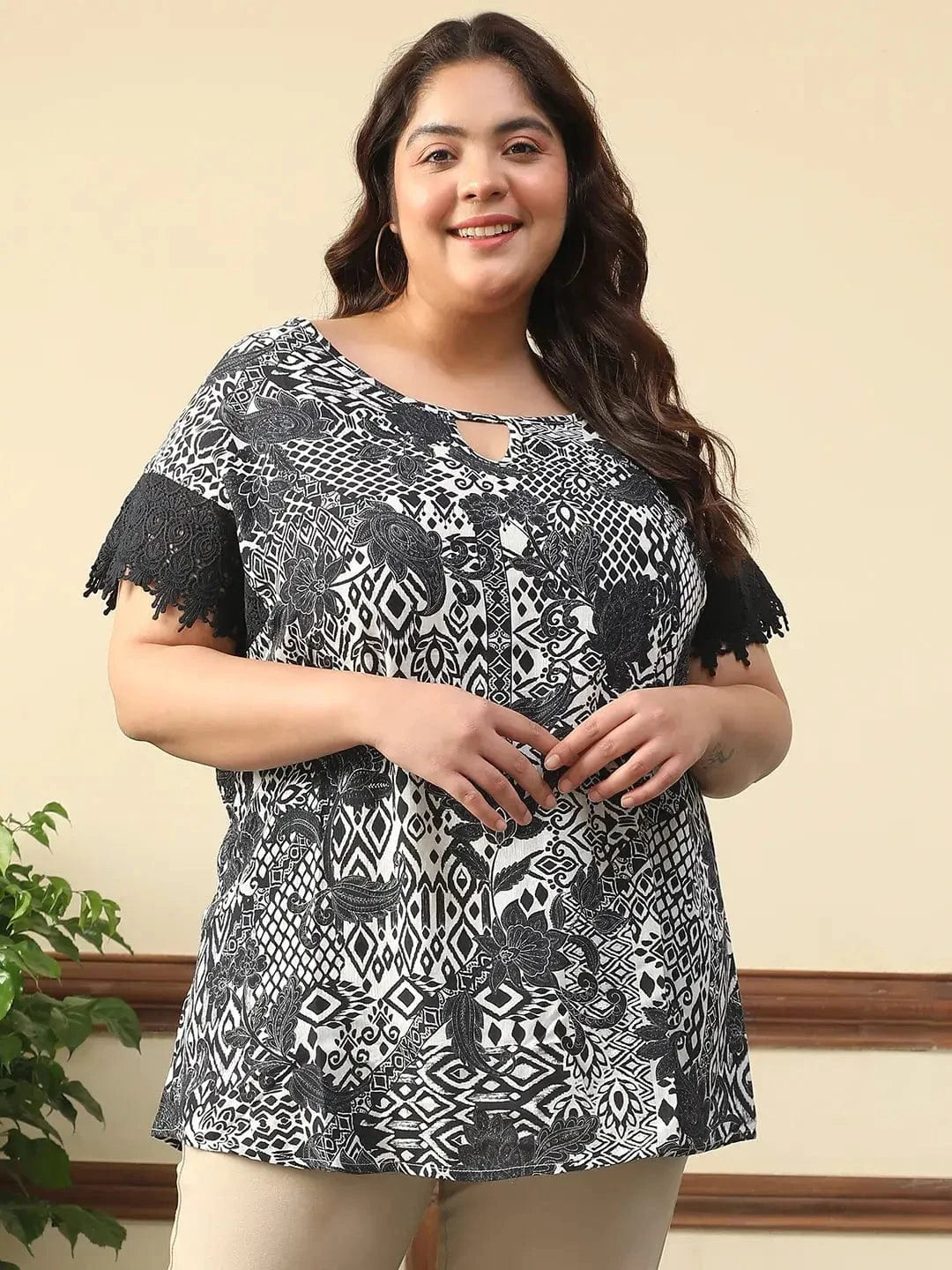 Ramp Black Floral Print Key Hole Neck Short Lace Detail Sleeves Plus Size Women Top