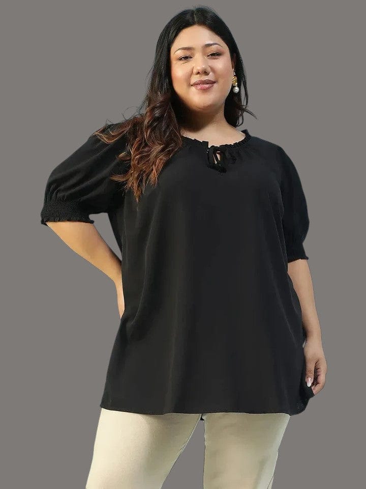 Plus Size Women Top - Black Ruffle Sleeve Blouse With Tie-Up Detail & Round Neck