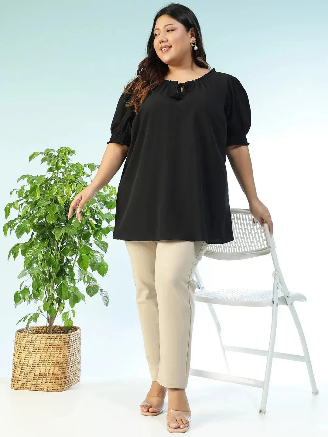 Edgefit Black Ruffle & Tie -Up Detail Short Sleeve Plus Size Women Top - oxolloxo