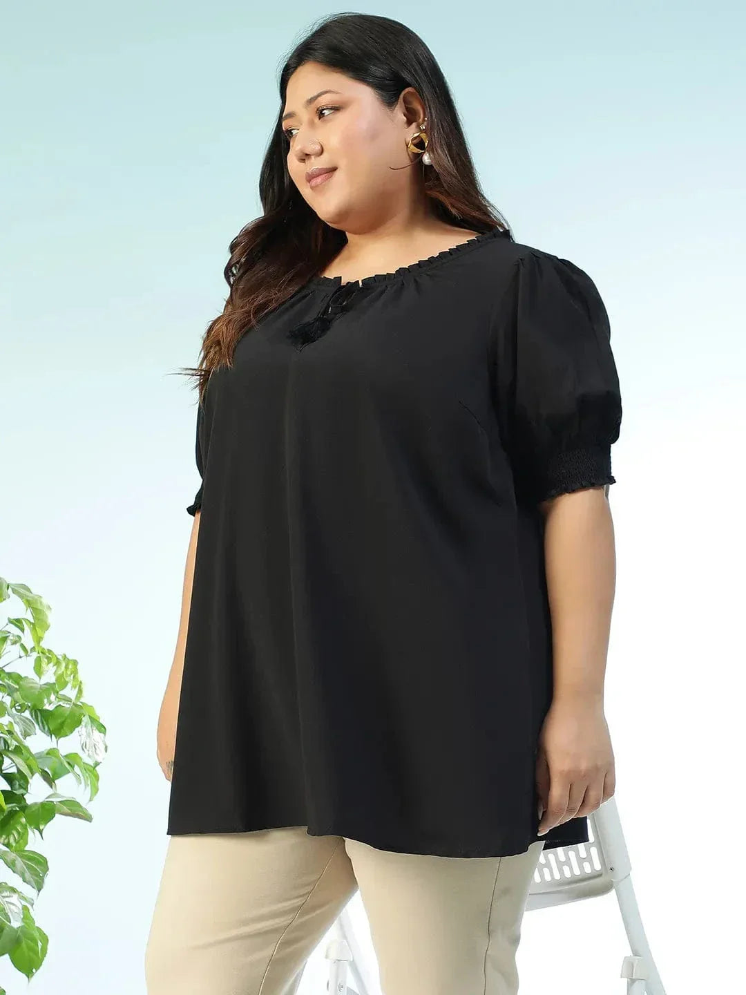 Edgefit Black Ruffle & Tie -Up Detail Short Sleeve Plus Size Women Top - oxolloxo