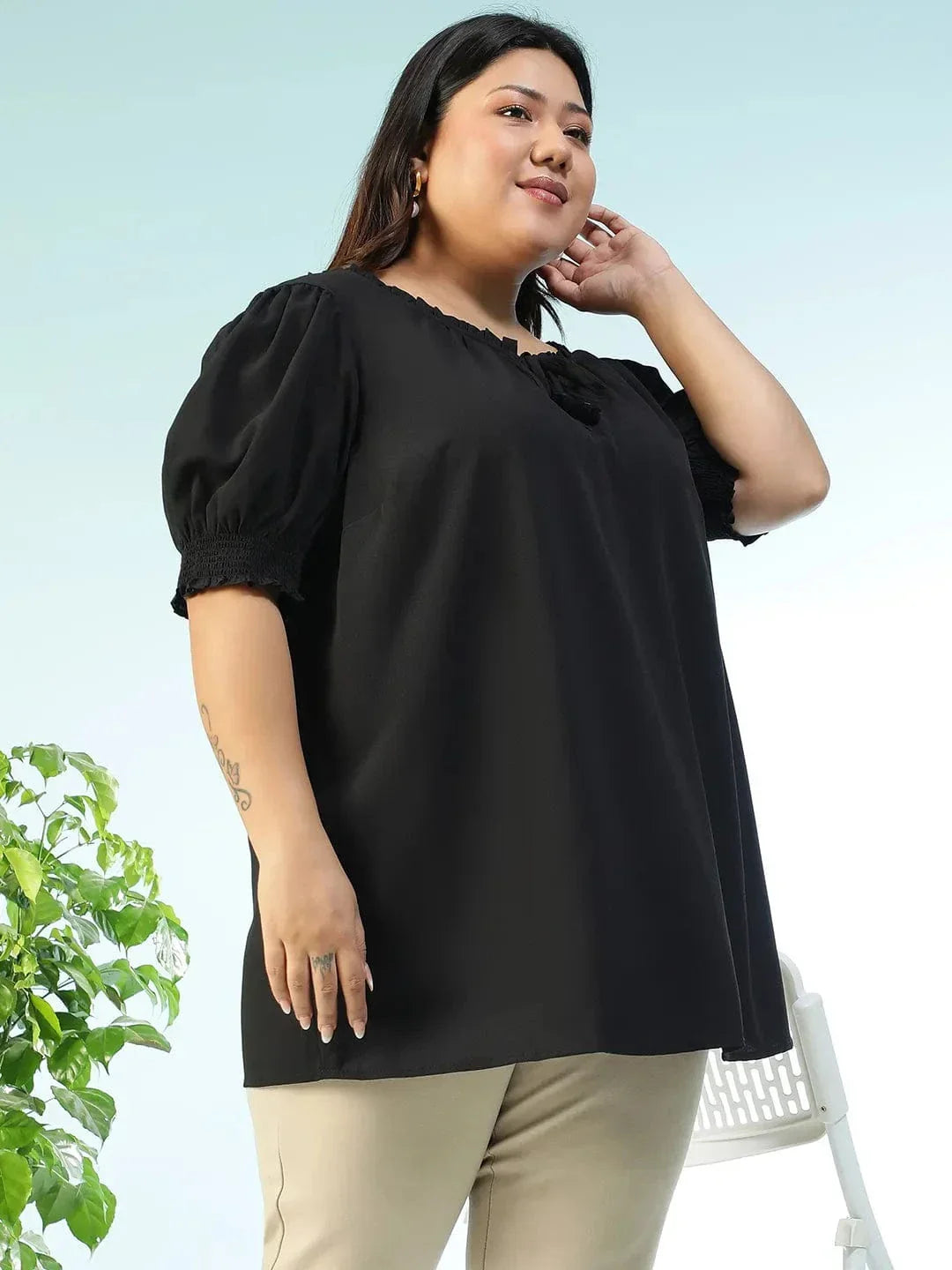 Edgefit Black Ruffle & Tie -Up Detail Short Sleeve Plus Size Women Top - oxolloxo