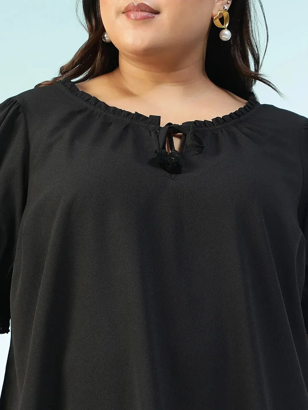 Edgefit Black Ruffle & Tie -Up Detail Short Sleeve Plus Size Women Top - oxolloxo
