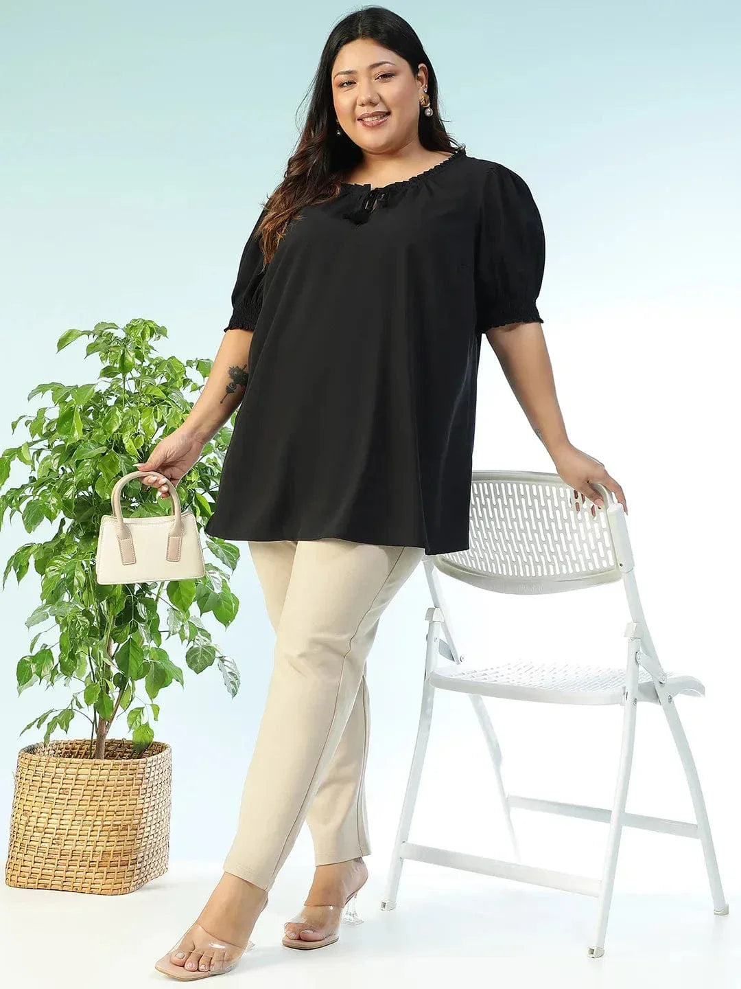 Edgefit Black Ruffle & Tie -Up Detail Short Sleeve Plus Size Women Top - oxolloxo