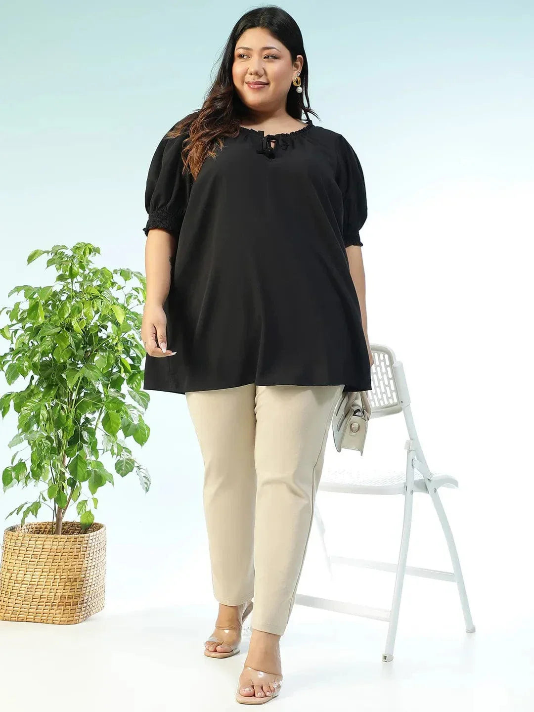 Edgefit Black Ruffle & Tie -Up Detail Short Sleeve Plus Size Women Top - oxolloxo