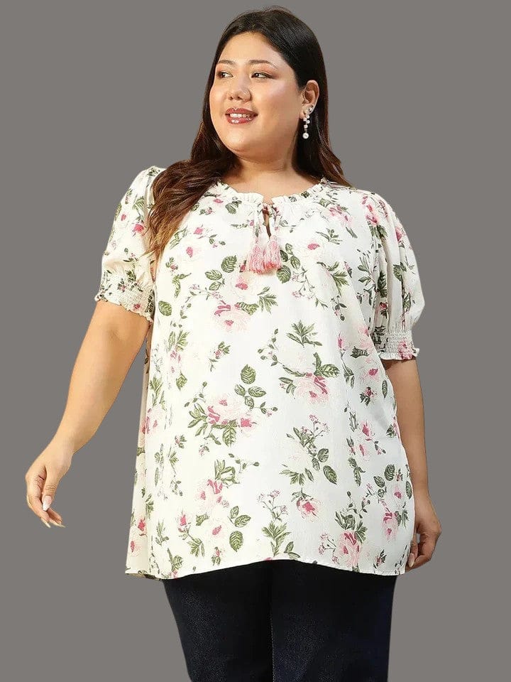 Plus Size Women Top - Multicolor Floral Print Ruffle Sleeve Tie-Up Detail Shirt