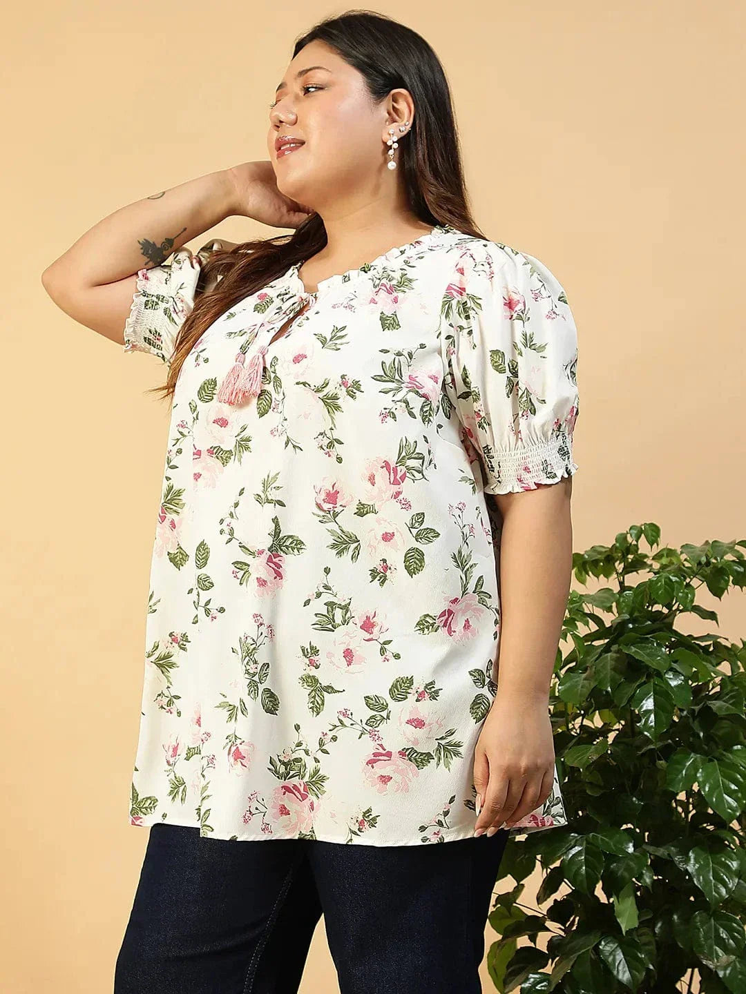 Glow Up Multicolor Floral Print Ruffle & Tie -Up Detail Short Sleeve Plus Size Women Top - oxolloxo