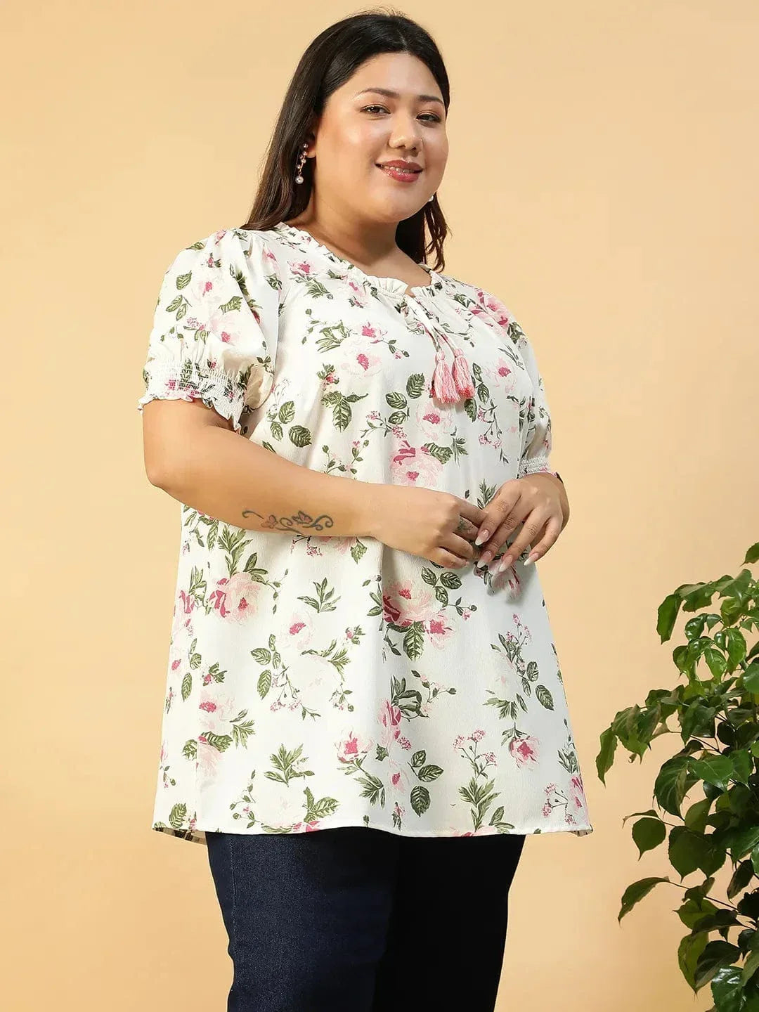 Glow Up Multicolor Floral Print Ruffle & Tie -Up Detail Short Sleeve Plus Size Women Top - oxolloxo