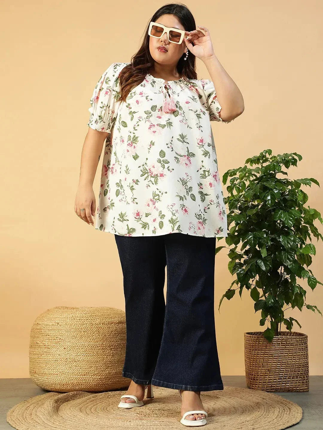 Glow Up Multicolor Floral Print Ruffle & Tie -Up Detail Short Sleeve Plus Size Women Top - oxolloxo