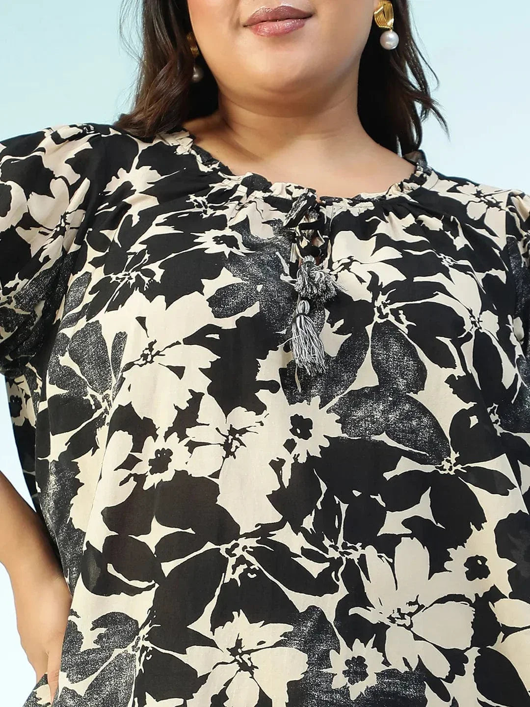 Meshmode Black Floral Print Ruffle & Tie -Up Detail Short Sleeve Plus Size Women Top - oxolloxo