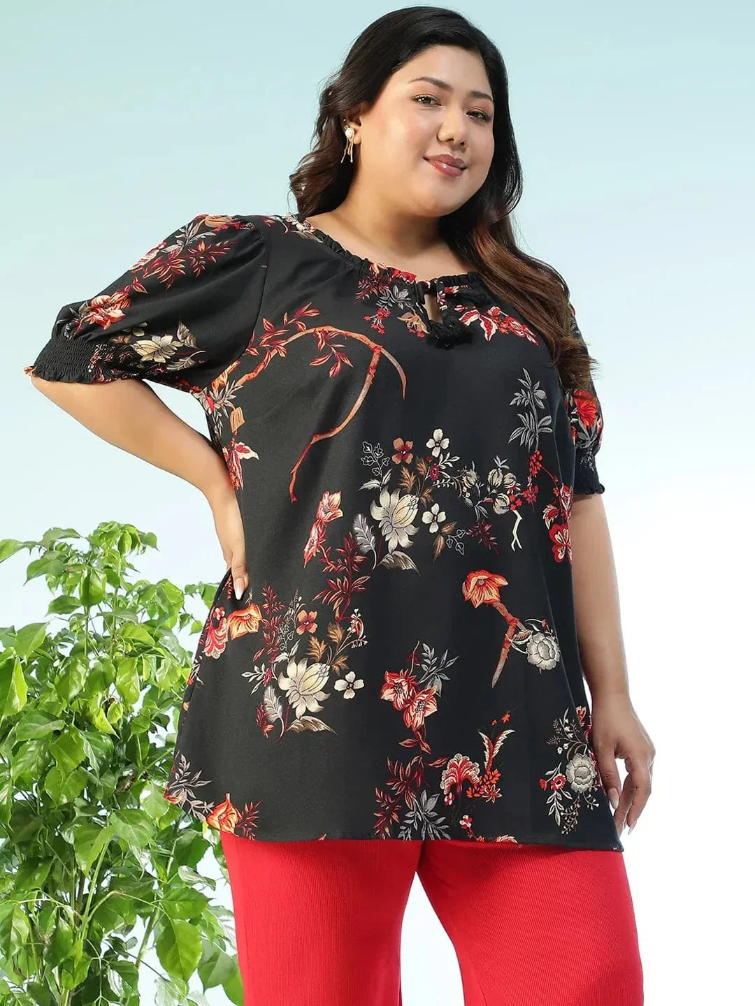 Trendload Black Floral Print Ruffle & Tie -Up Detail Short Sleeve Plus Size Women Top - oxolloxo