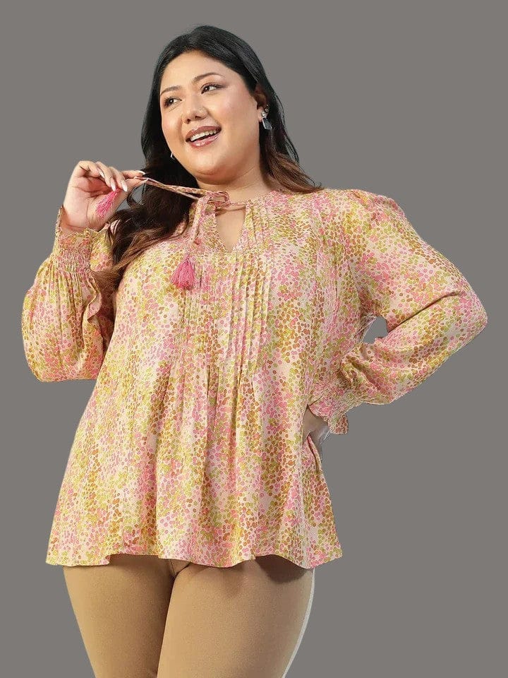 Plus Size Women Top - Multicolor Floral Print Tassel Tie Blouse With Long Sleeves