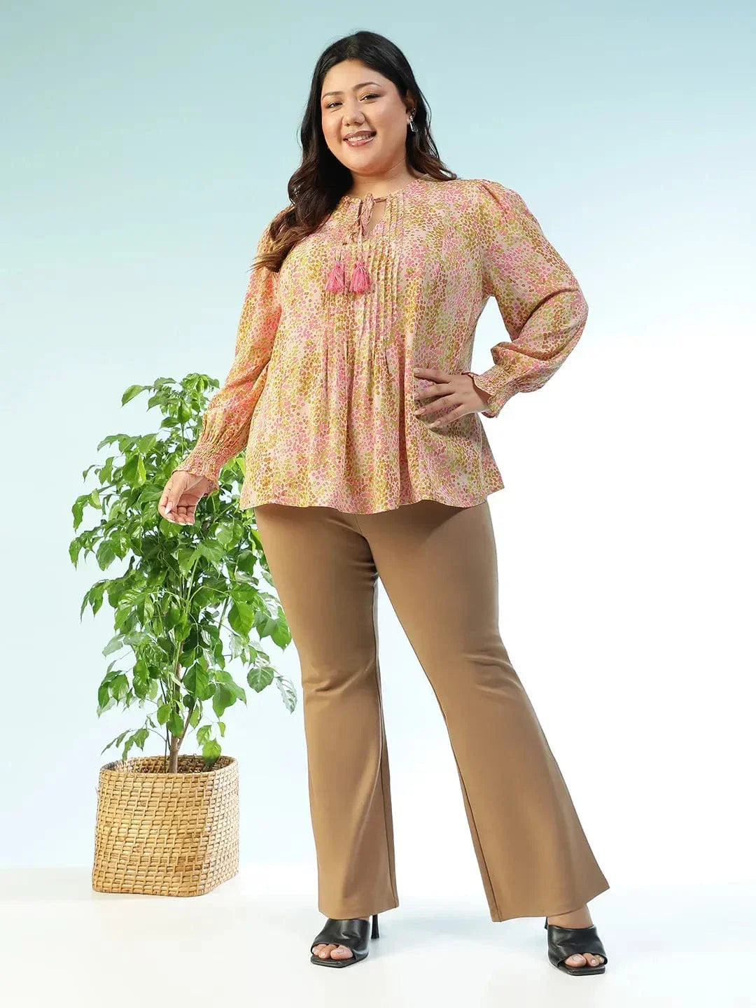 Slaybase Multicolor Floral Print Tassels & Tie -Up Detail Long Sleeve Plus Size Women Top - oxolloxo