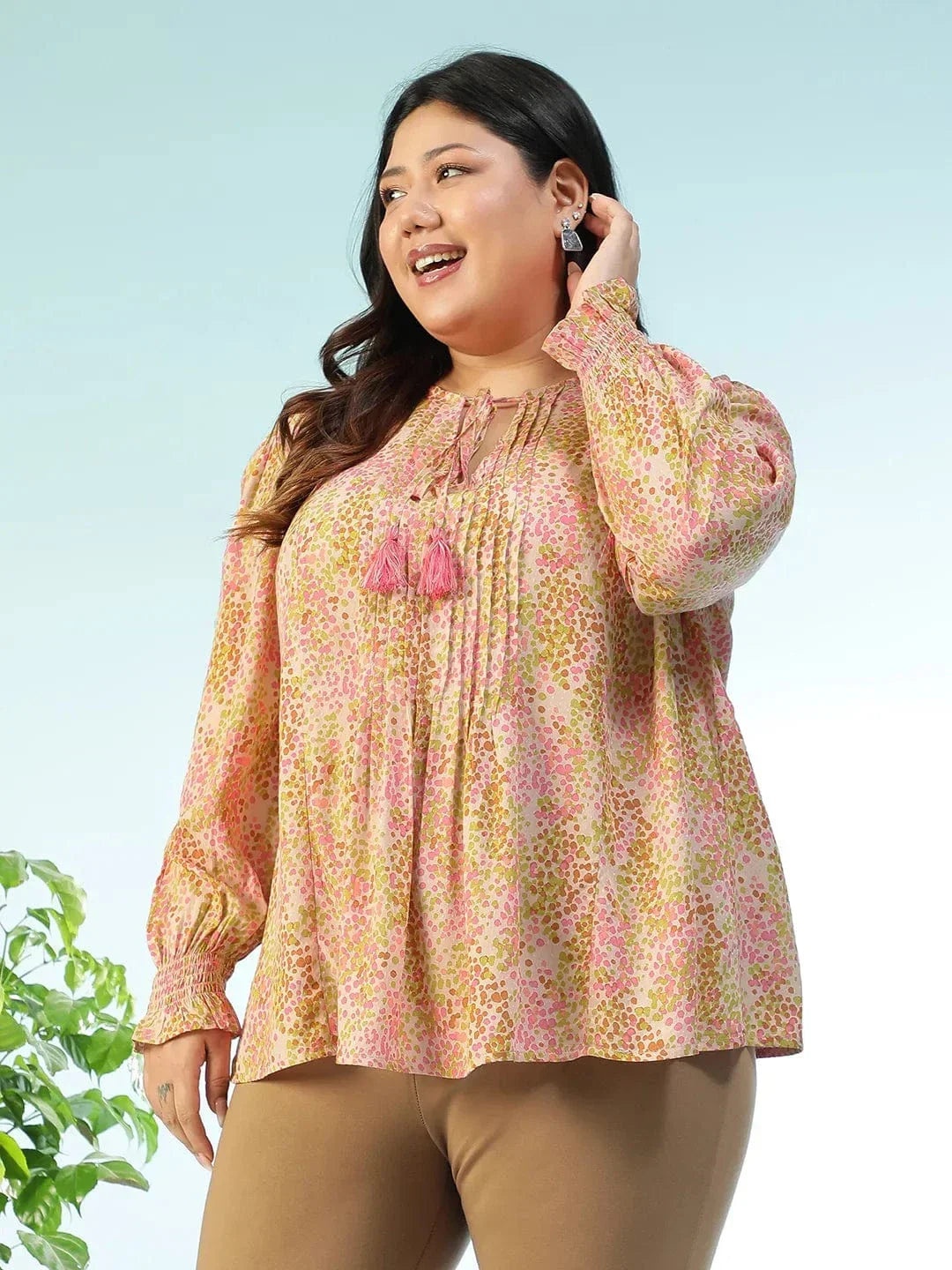 Slaybase Multicolor Floral Print Tassels & Tie -Up Detail Long Sleeve Plus Size Women Top - oxolloxo