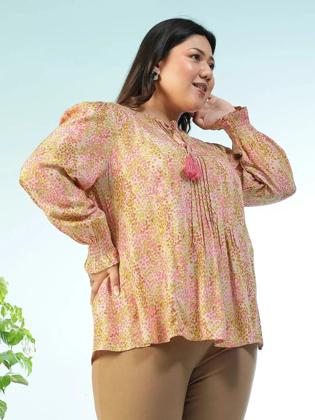 Slaybase Multicolor Floral Print Tassels & Tie -Up Detail Long Sleeve Plus Size Women Top - oxolloxo