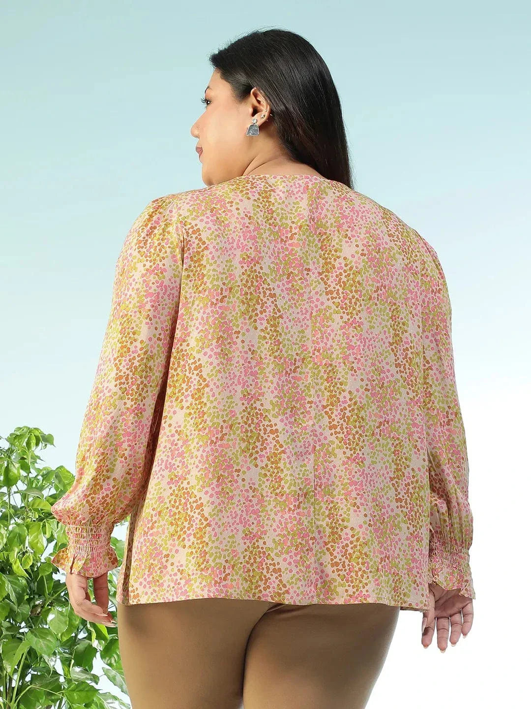 Slaybase Multicolor Floral Print Tassels & Tie -Up Detail Long Sleeve Plus Size Women Top - oxolloxo