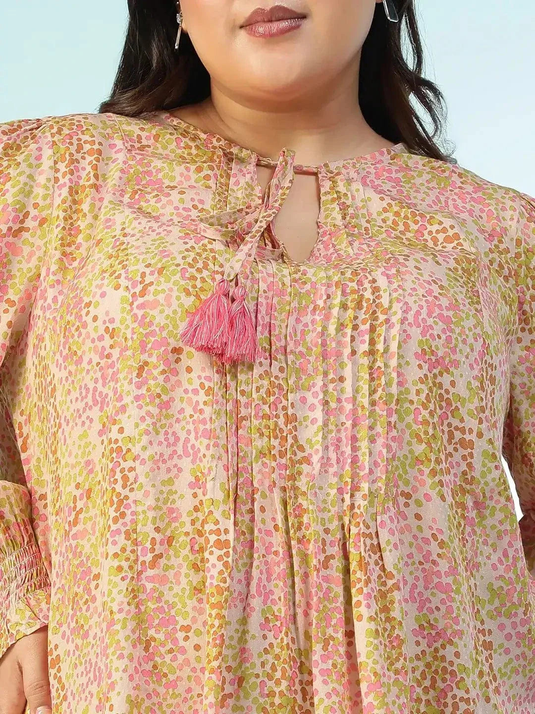 Slaybase Multicolor Floral Print Tassels & Tie -Up Detail Long Sleeve Plus Size Women Top - oxolloxo