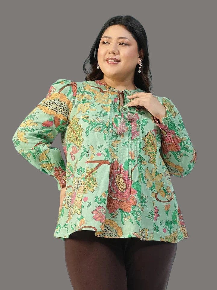 Plus Size Cotton Top - Multicolor Floral Print Tie-Up Detail Long Sleeve Blouse