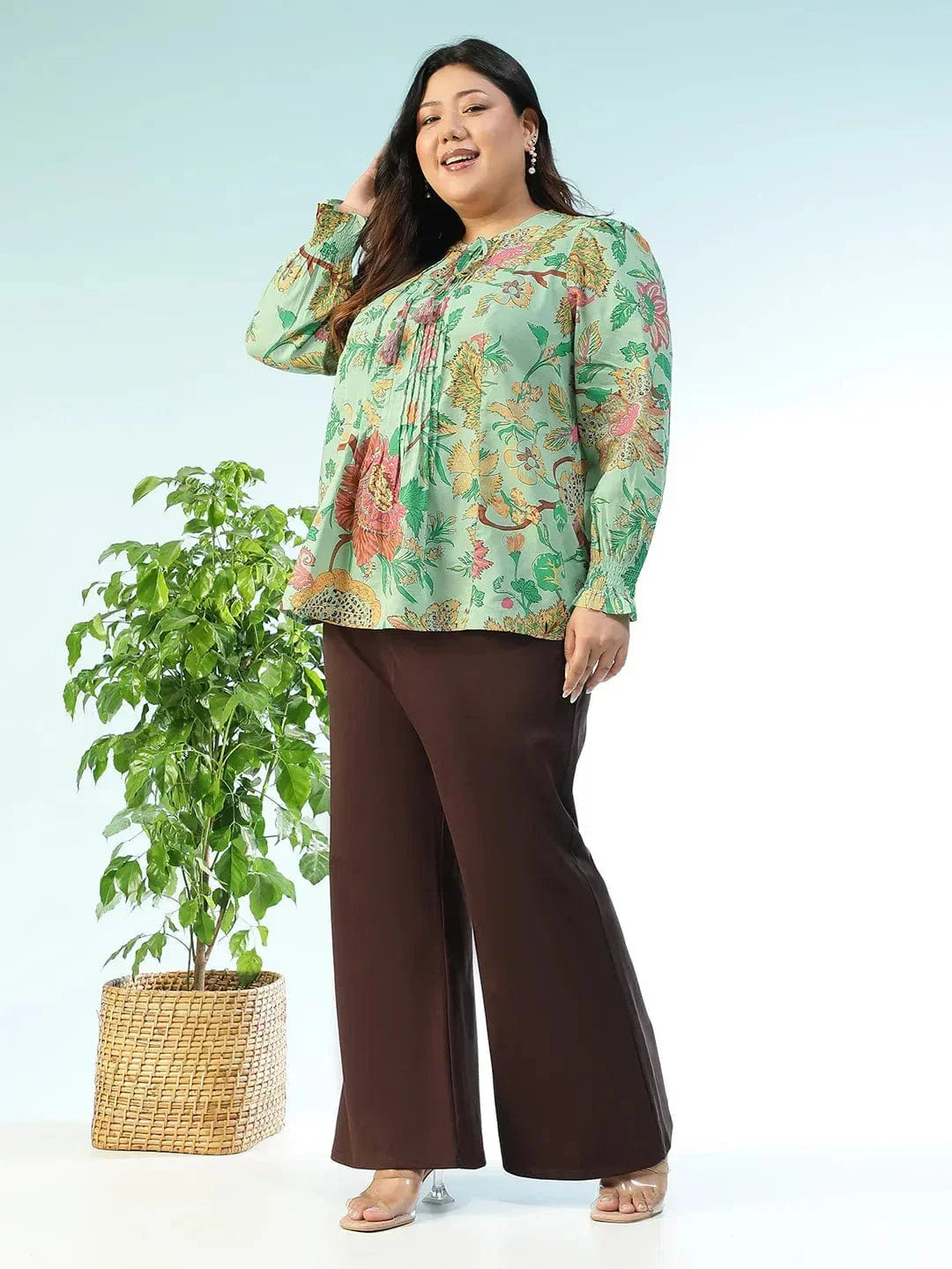 Vibelined Multicolor Floral Print Tassels & Tie -Up Detail Long Sleeve Plus Size Women Cotton Top - oxolloxo